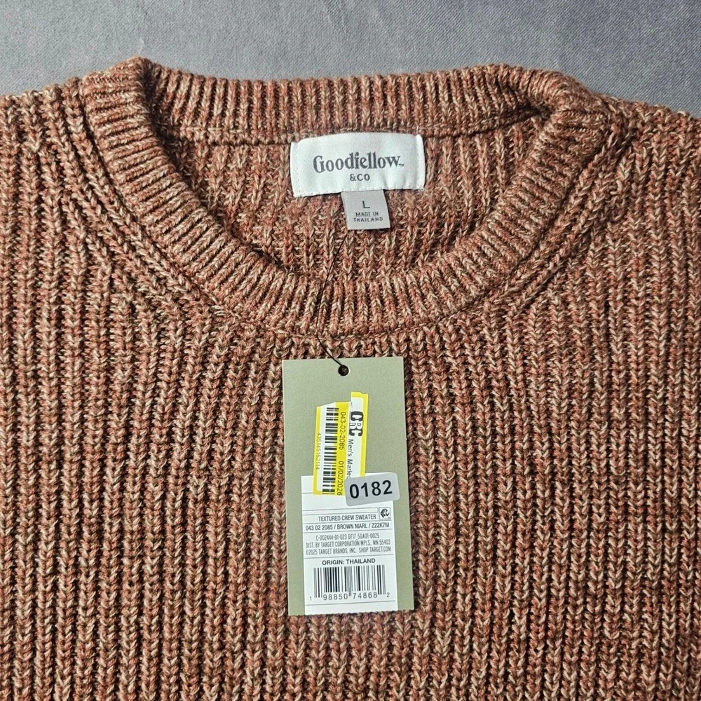 Goodfellow & Co Mens Textured Crewneck Sweater Brown Marl Ribbed Knit Pullover L